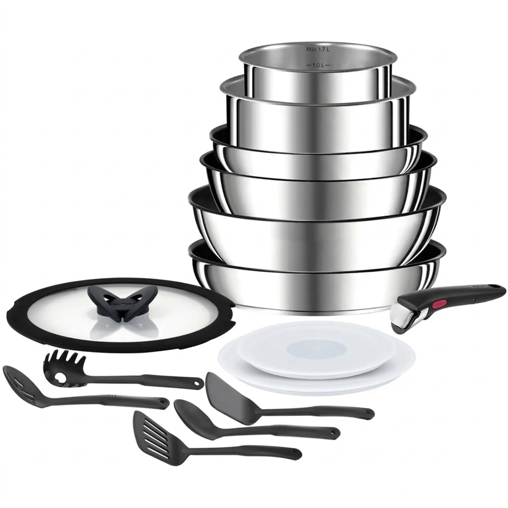 Set de cocina de 15 piezas, Mango extraíble, Apilable, Revestimiento antiadherente, Acero Inoxidable