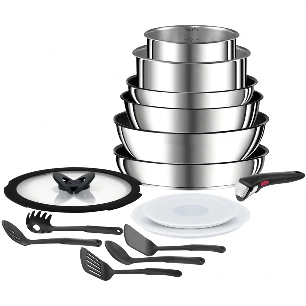 Set de cocina de 15 piezas, Mango extraíble, Apilable, Revestimiento antiadherente, Acero Inoxidable