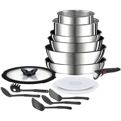 Set de cocina de 15 piezas, Mango extraíble, Apilable, Revestimiento antiadherente, Acero Inoxidable