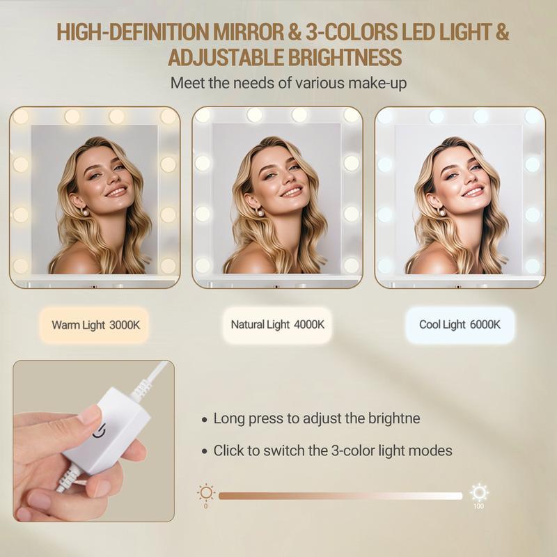 Tocador multifuncional con almacenamiento, luces LED (10 bombillas LED, 3 colores, brillo regulable), espejo, 9 cajones, 9 estantes abiertos, estilo moderno.