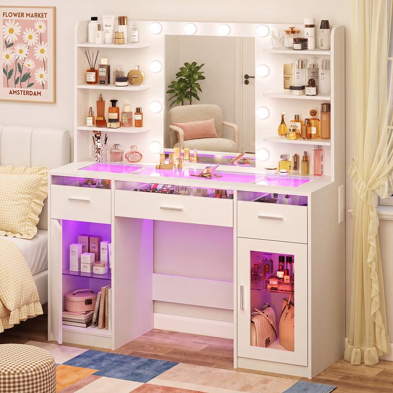 Tocador de maquillaje con espejo y luces de 3 colores, superficie transparente con 3 cajones RGB, 6 estantes, 2 armarios grandes de vidrio templado, toma de corriente, para dormitorio, blanco.