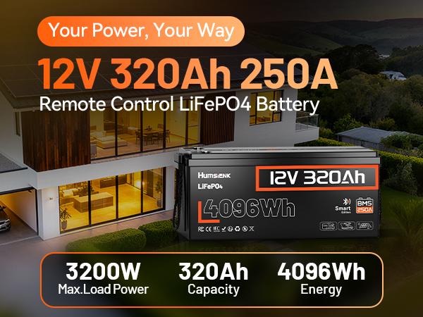 HumsiENK 12V 320Ah LiFePO4 Bluetooth Battery, Deep Cycles, Lithium lron Phosphate Battery, Built-in 250A BMS with Low-Temp Protection for RV, Marine, Trolling Motors