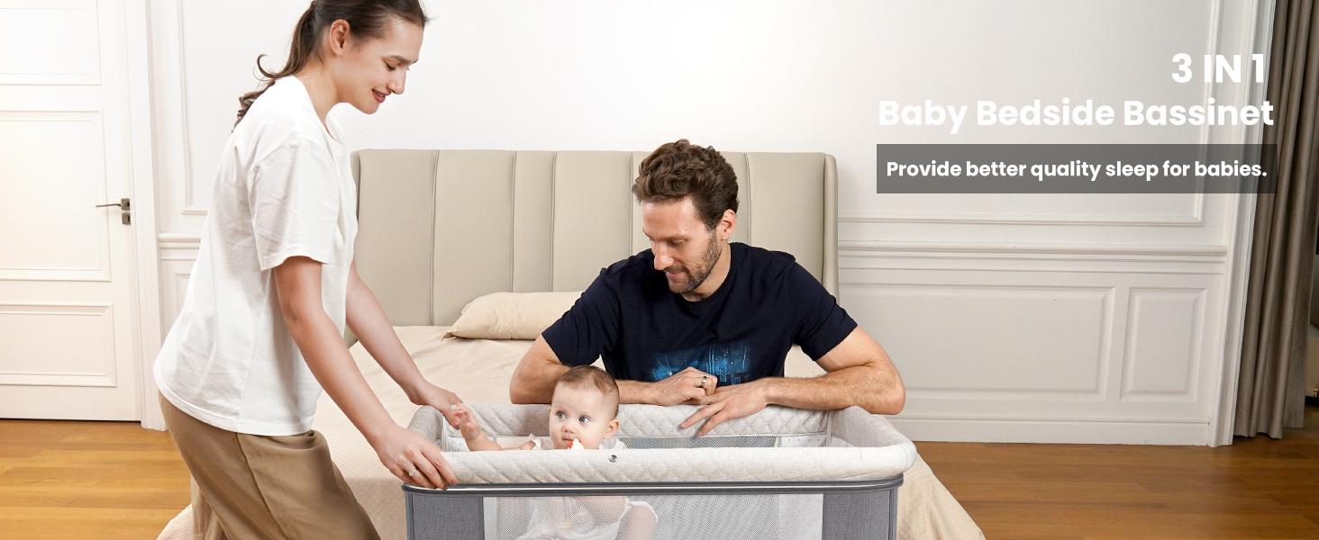 Baby Bassinet Sleeper, 6 Height Adjustable Cribs, Easy to Fold Portable Crib Side Bassinet, Swing Cradle Bed Side Sleeper with Ventilated Net&Wheels Summer Sale