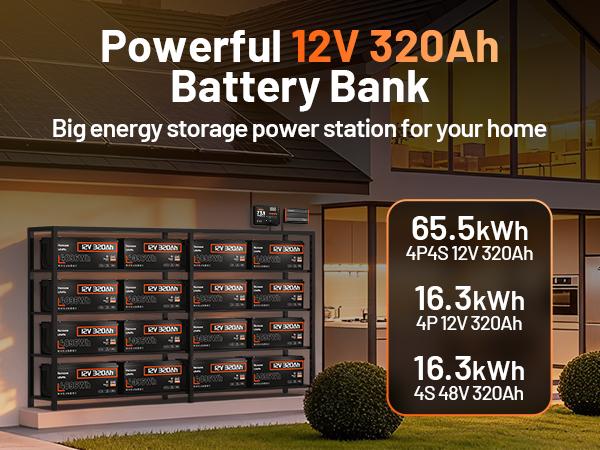 HumsiENK 12V 320Ah LiFePO4 Bluetooth Battery, Deep Cycles, Lithium lron Phosphate Battery, Built-in 250A BMS with Low-Temp Protection for RV, Marine, Trolling Motors