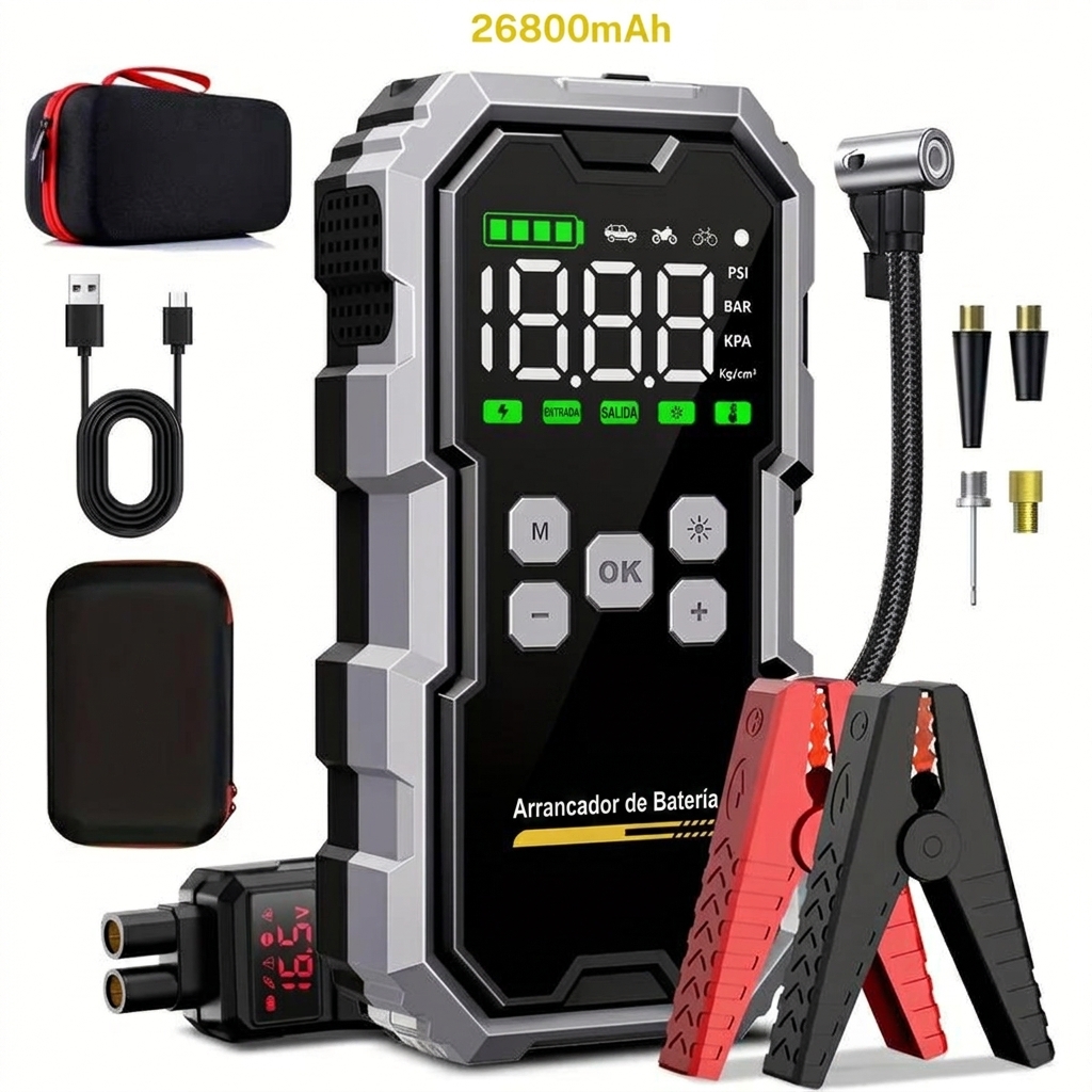 Arrancador portátil de 7000A, caja de arranque automático de 12V, luces con LED, cargador de batería de coche de carga rápida USB, con Inflador de neumáticos