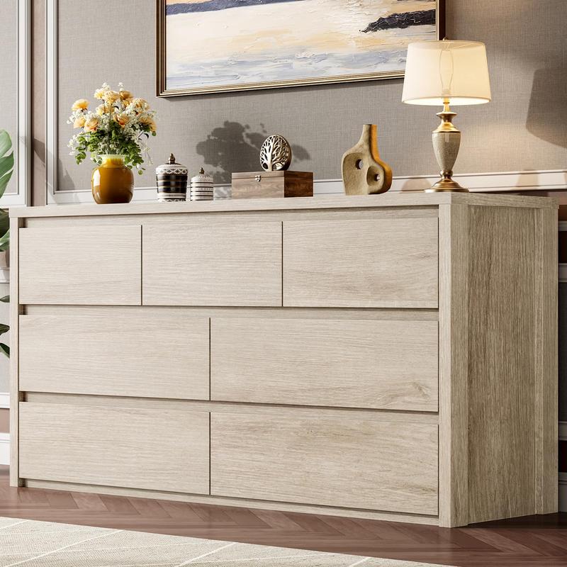 Cómoda de 7 cajones para dormitorio, amplio baúl de madera sin tiradores, moderno armario de almacenamiento para sala de estar o recibidor.