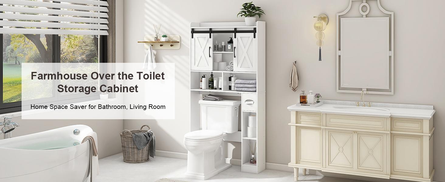 [Summergarden] Vabches Engineered Wood Over-The-Toilet Storage Cabinet - Sliding Barns Doors, Neutral Grain Rectangular Form, Farmhouse Bathroom Space Saver for Bathroom Organization, Small Laundry Room,dorm essentials,home decor