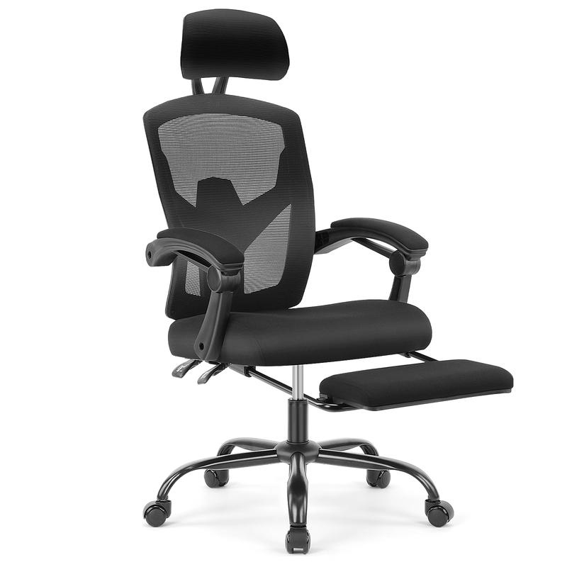 Silla de oficina ergonómica con respaldo de malla: altura ajustable, giratoria 360 grados, con ruedas, reposapiés, reposacabezas ajustable, brazos acolchados, bloqueo de reclinación, opción de regalo para la oficina (requiere montaje).