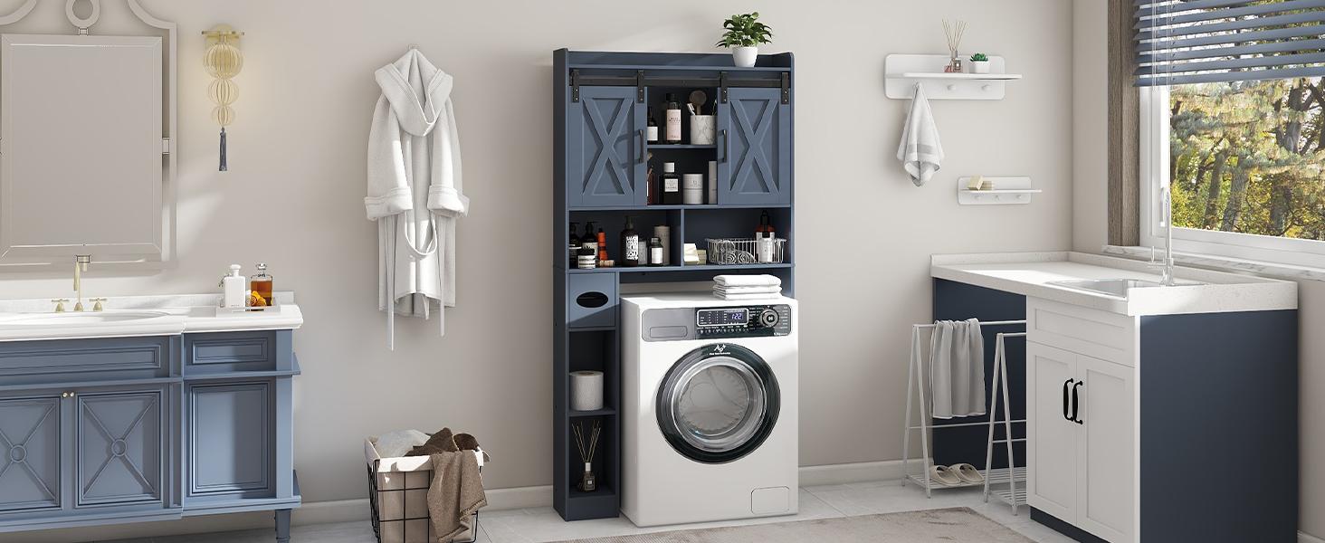 [Summergarden] Vabches Engineered Wood Over-The-Toilet Storage Cabinet - Sliding Barns Doors, Neutral Grain Rectangular Form, Farmhouse Bathroom Space Saver for Bathroom Organization, Small Laundry Room,dorm essentials,home decor