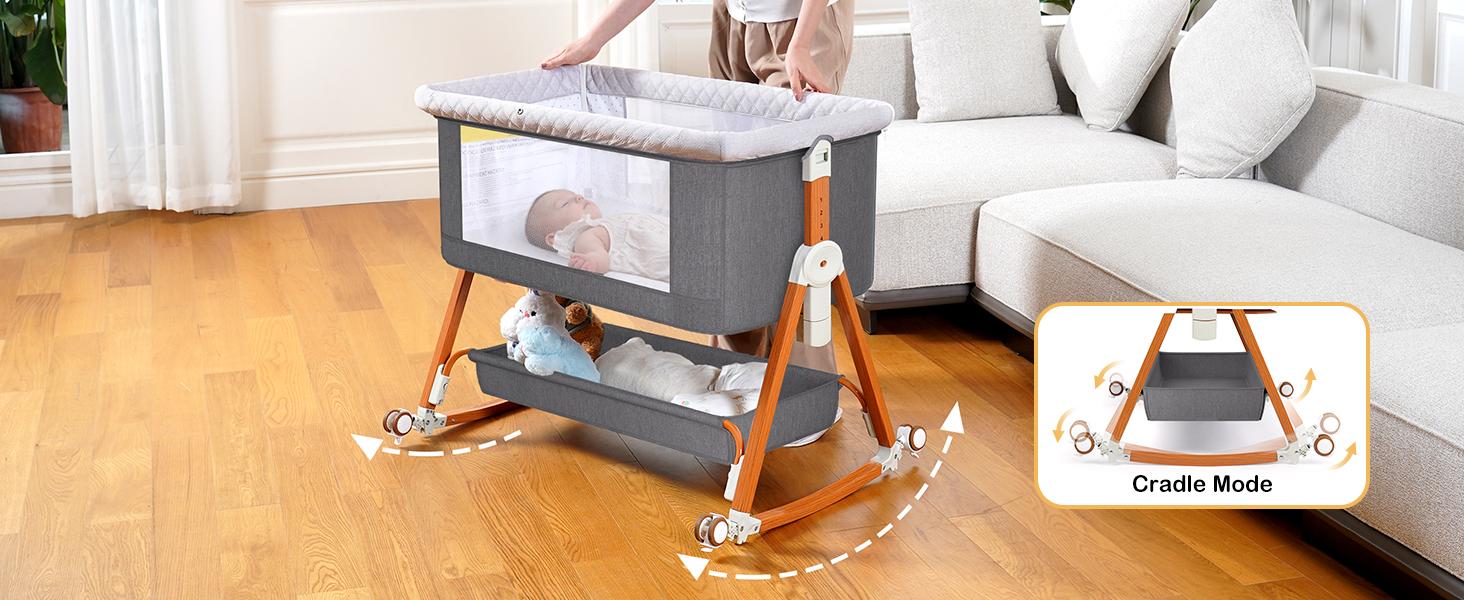 Baby Bassinet Sleeper, 6 Height Adjustable Cribs, Easy to Fold Portable Crib Side Bassinet, Swing Cradle Bed Side Sleeper with Ventilated Net&Wheels Summer Sale