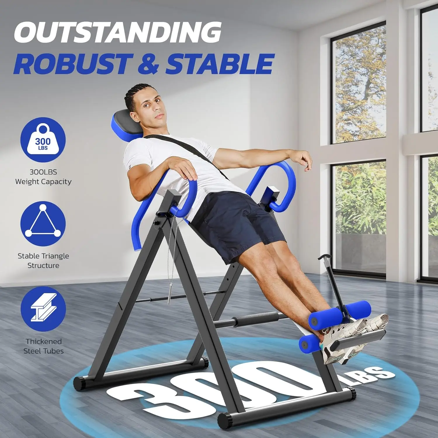 Mesa de inversión resistente para terapia de alivio del dolor con reposacabezas y cinturón protector ajustable. Máquina de estiramiento de espalda.