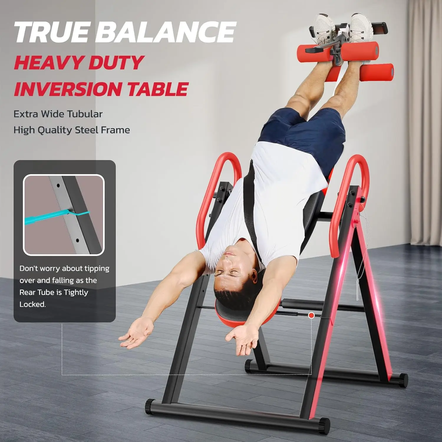 Mesa de inversión resistente para terapia de alivio del dolor con reposacabezas y cinturón protector ajustable. Máquina de estiramiento de espalda.