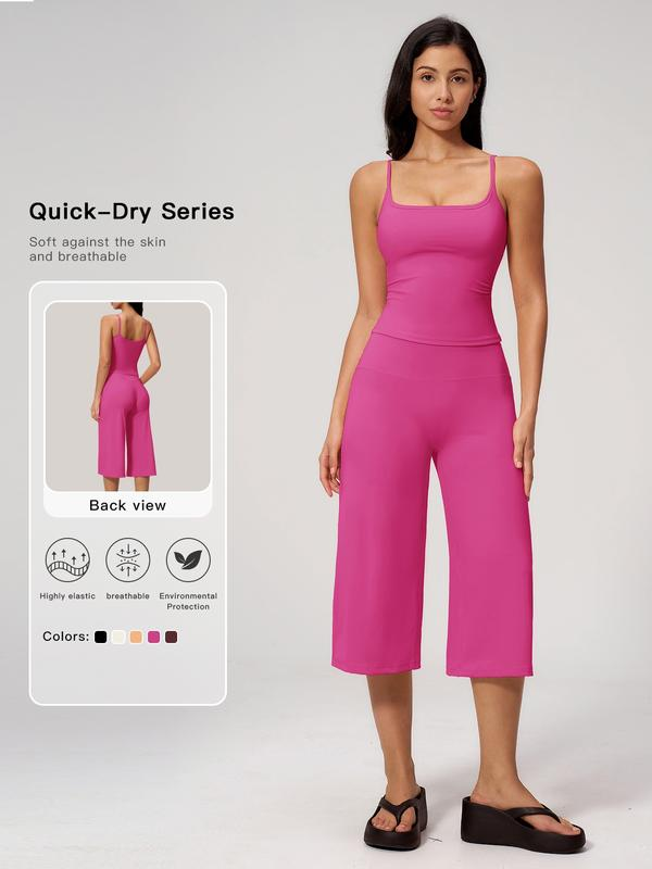 Nuevo conjunto deportivo para mujer: camiseta de tirantes, pantalones de largo medio y talle alto de secado rápido; ideal para yoga, correr y actividades al aire libre. Ropa deportiva cómoda y con estilo.