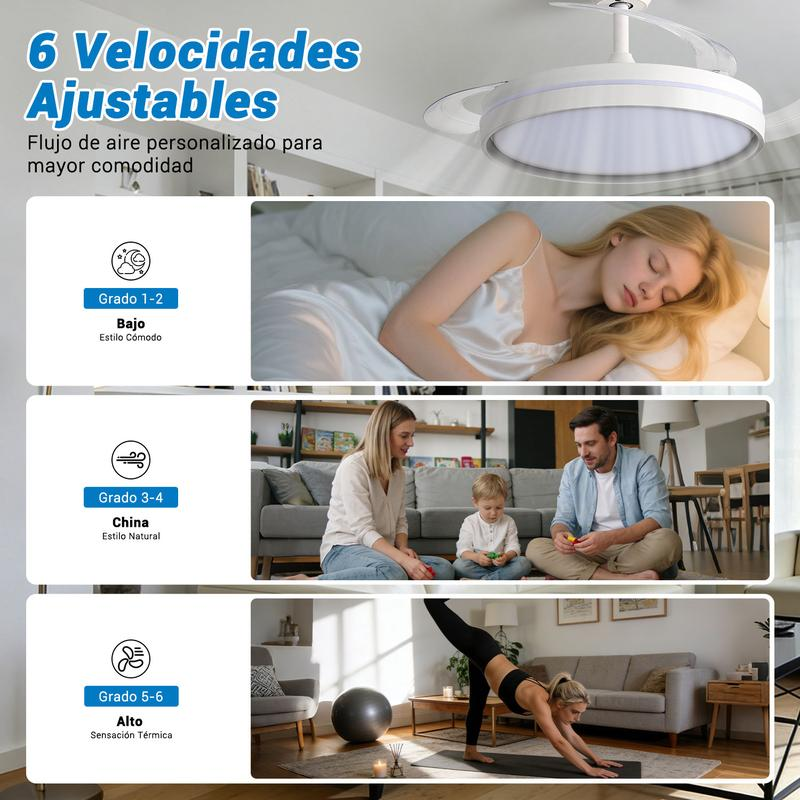 Ventilador de Techo con Luz LED y Aspas Plegables - Silencioso, Inteligente y Multifunción