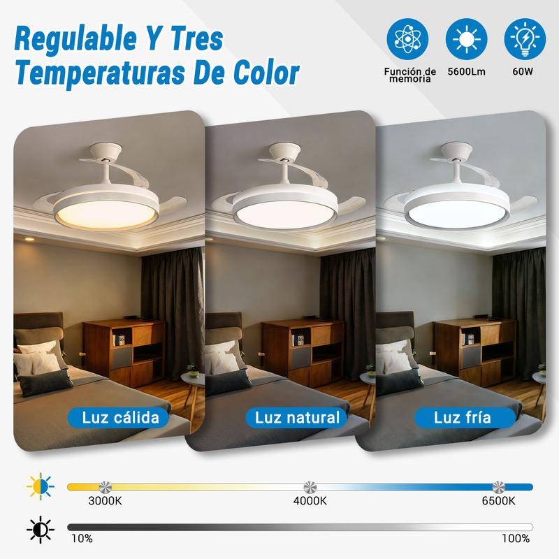 Ventilador de Techo con Luz LED y Aspas Plegables - Silencioso, Inteligente y Multifunción