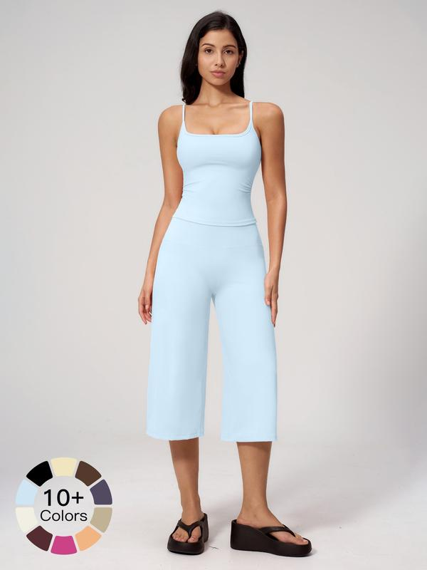 Nuevo conjunto deportivo para mujer: camiseta de tirantes, pantalones de largo medio y talle alto de secado rápido; ideal para yoga, correr y actividades al aire libre. Ropa deportiva cómoda y con estilo.
