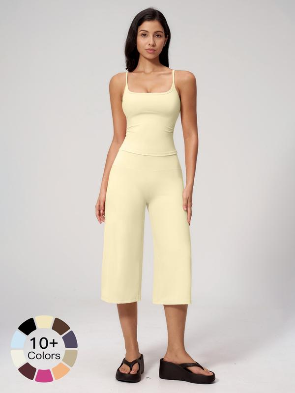 Nuevo conjunto deportivo para mujer: camiseta de tirantes, pantalones de largo medio y talle alto de secado rápido; ideal para yoga, correr y actividades al aire libre. Ropa deportiva cómoda y con estilo.