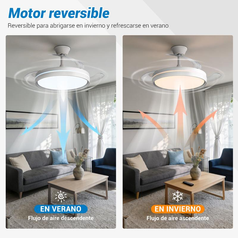 Ventilador de Techo con Luz LED y Aspas Plegables - Silencioso, Inteligente y Multifunción