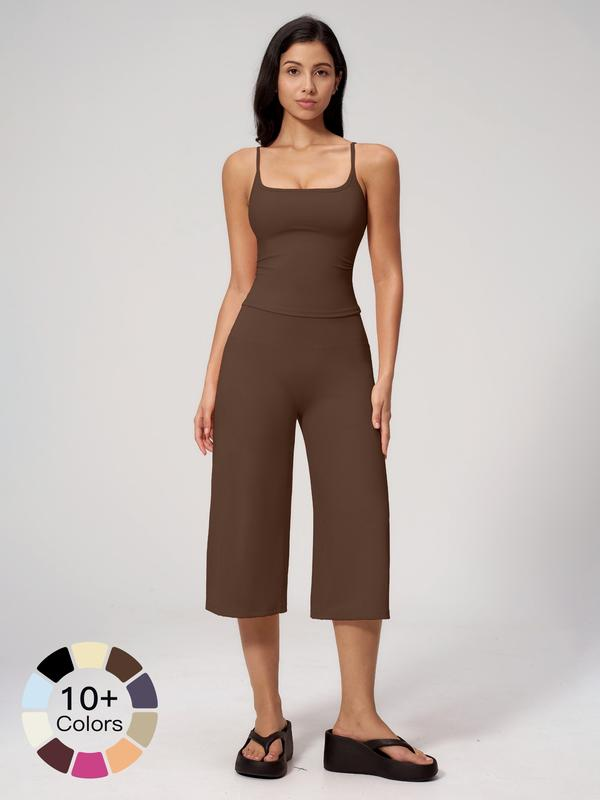 Nuevo conjunto deportivo para mujer: camiseta de tirantes, pantalones de largo medio y talle alto de secado rápido; ideal para yoga, correr y actividades al aire libre. Ropa deportiva cómoda y con estilo.
