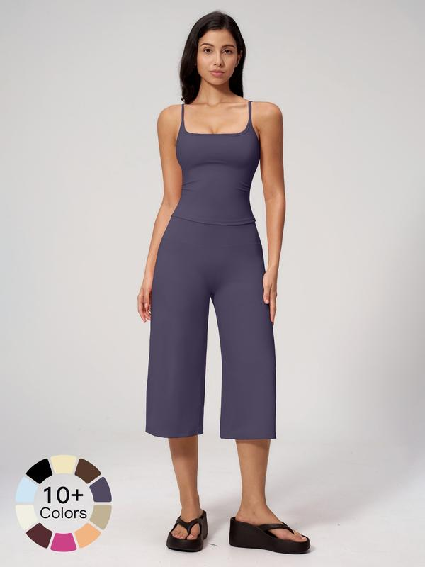 Nuevo conjunto deportivo para mujer: camiseta de tirantes, pantalones de largo medio y talle alto de secado rápido; ideal para yoga, correr y actividades al aire libre. Ropa deportiva cómoda y con estilo.