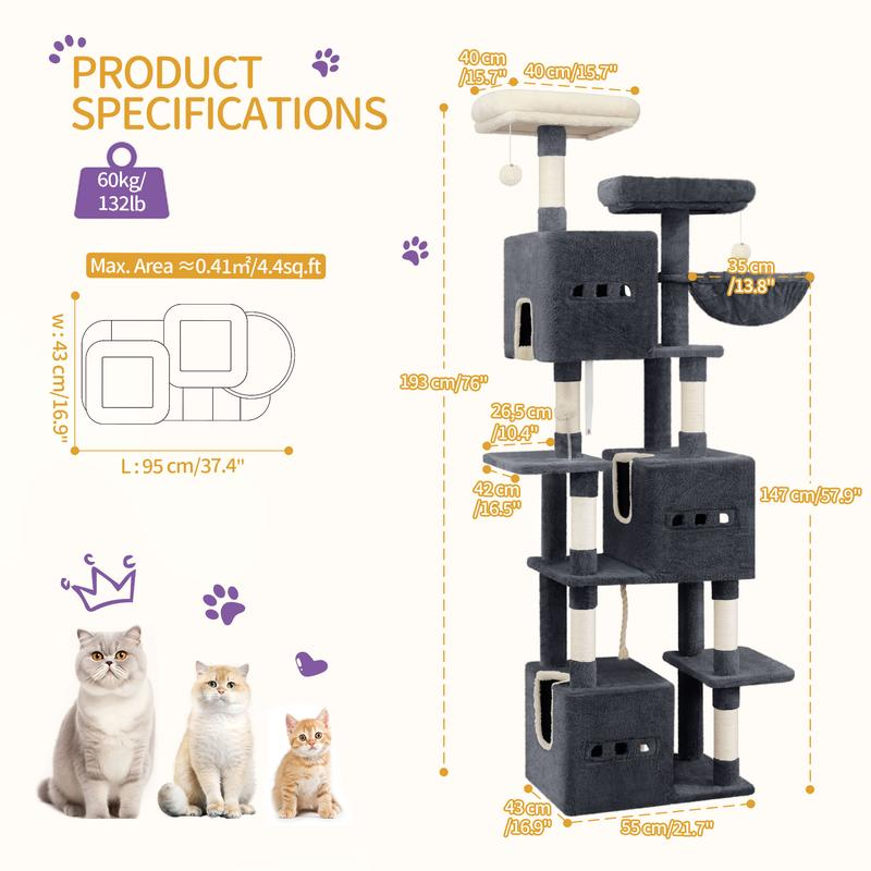 i árbol para rascar de 193 cm, grande, árbol para gatos XXL, torre para gatos para gato Maine y grandes gatos, árbol para rascar de 7 niveles, árbol para gatos con 3 cavidades, 6 árboles para rascar