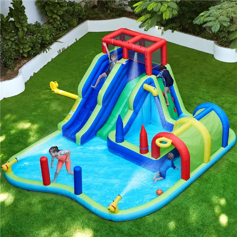 Tobogán acuático inflable con dos toboganes largos, muro de escalada y piscina de chapoteo para niños (de 3 a 10 años)