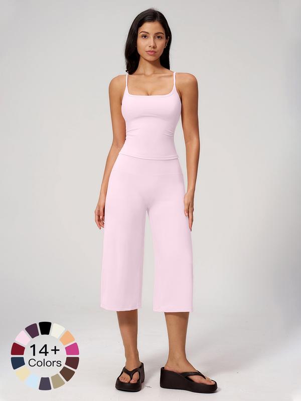 Nuevo conjunto deportivo para mujer: camiseta de tirantes, pantalones de largo medio y talle alto de secado rápido; ideal para yoga, correr y actividades al aire libre. Ropa deportiva cómoda y con estilo.