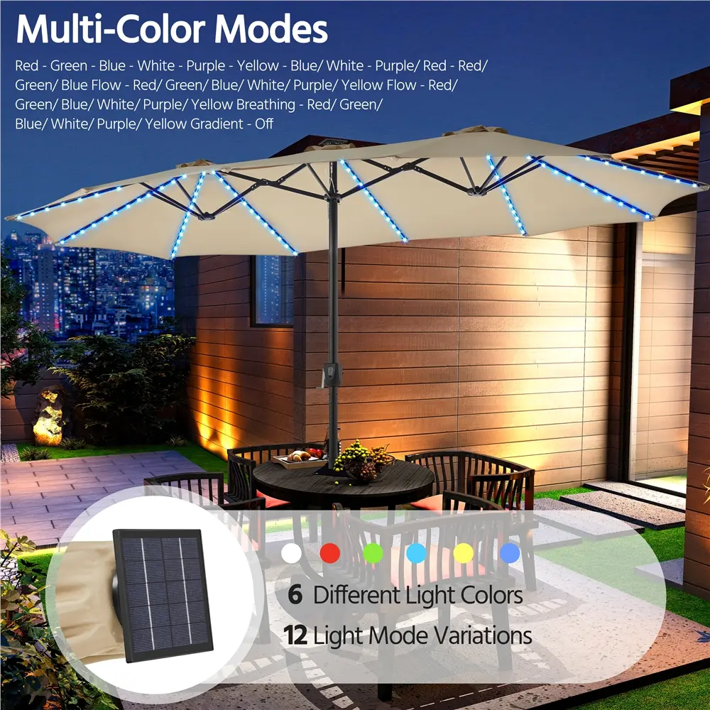 Sombrilla de jardín LED solar de 13 pies con luces de colores de 12 modos