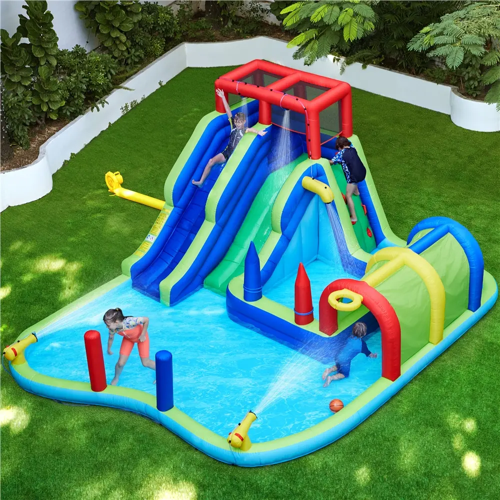 Tobogán acuático inflable con dos toboganes largos, muro de escalada y piscina de chapoteo para niños (de 3 a 10 años)