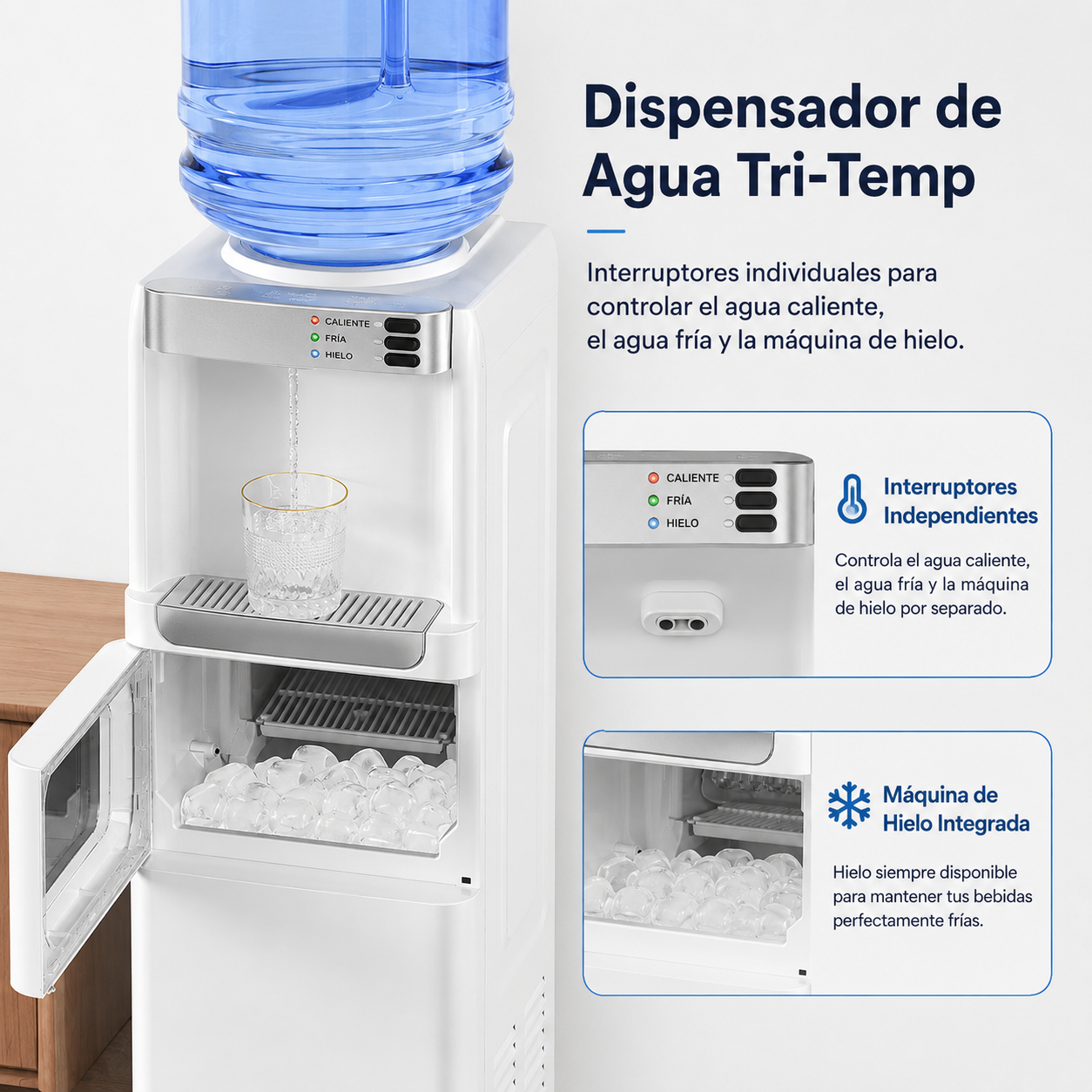 Dispensador de agua con función de fabricación de hielo, enfriador de agua fría y caliente de carga superior para botellas de 5 galones — Incluye seguro de seguridad para niños.