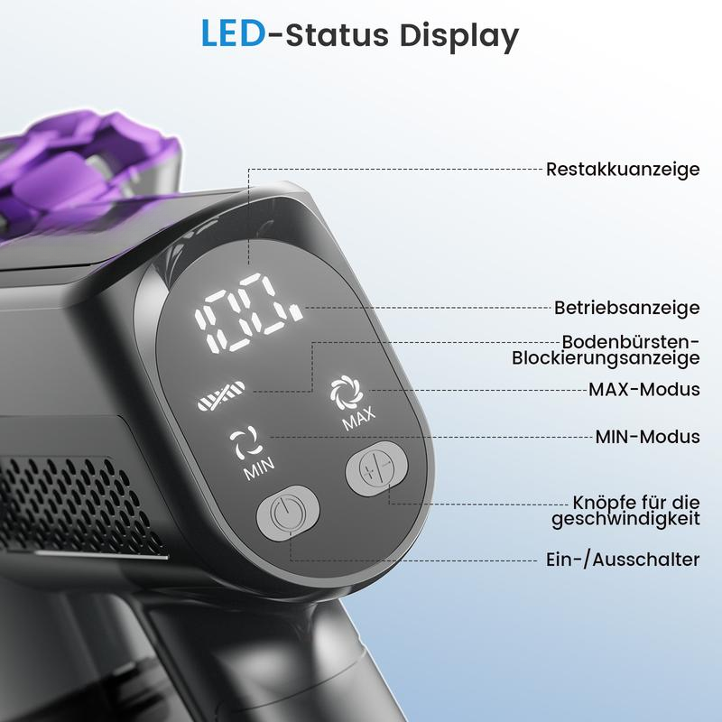 Aspiradora inalámbrica, 250 W de potencia/25 000 Pa de succión, 45 minutos de autonomía, pantalla táctil LED, diseño antienredos, se puede colocar en posición vertical.