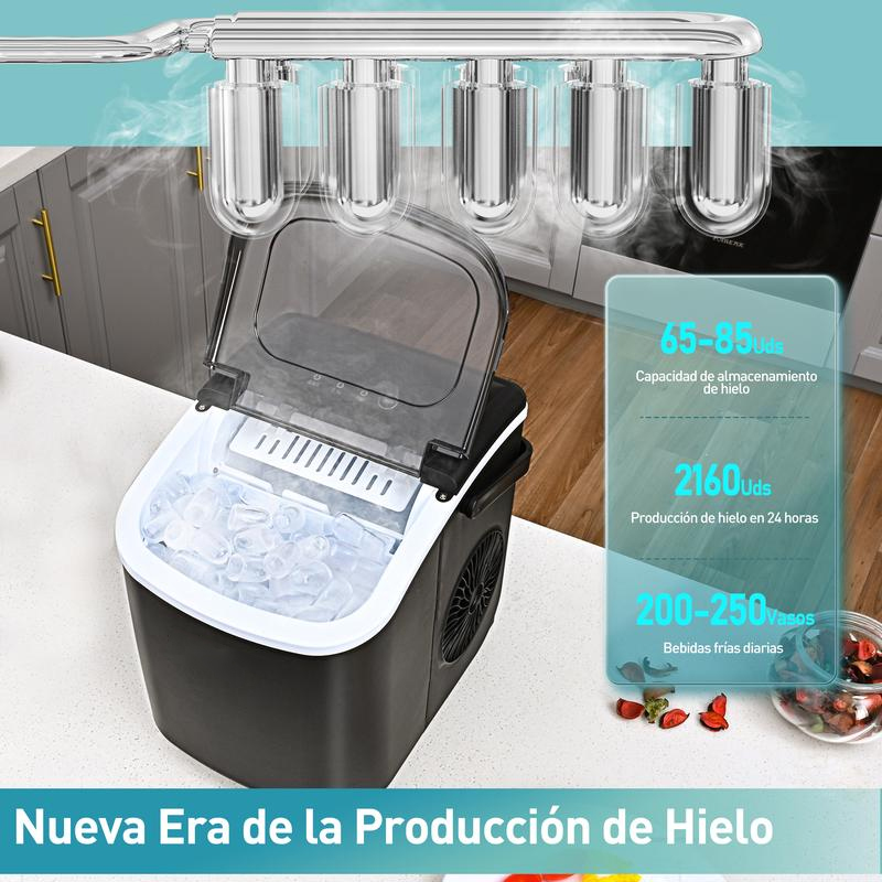 Máquina de Hielo de Encimera con Mango. Produce 11,79 kg de Hielo en 24 Horas y Tiene 9 Cubos de Hielo Listos en 6 Minutos. Posee Función de Autolimpieza y es Portátil, Viene con Canasta y Cucharón, Ideal para Hogar, Cocina, Camping o RV.