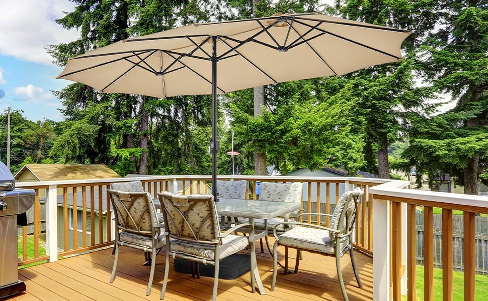 【RGB Lights】Yaheetech 13/15ft Massive 12-Mode Color-Changing  Solar Patio Umbrella UV & Weather Resistant with Multi-Mode LED Lights Strips and Base Stand Triple-Vented Outdoor Umbrella,home decor,camping essentials