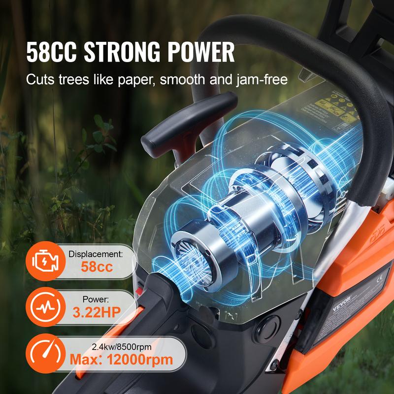 Motosierra de gasolina portátil de 58 cc, 20 pulgadas y 3,22 HP; cadena de acero de alta resistencia, velocidad máxima de 12 000 RPM, diámetro de corte versátil, reducción de la proyección de serrín; herramienta manual para tala, poda de árboles de jardín