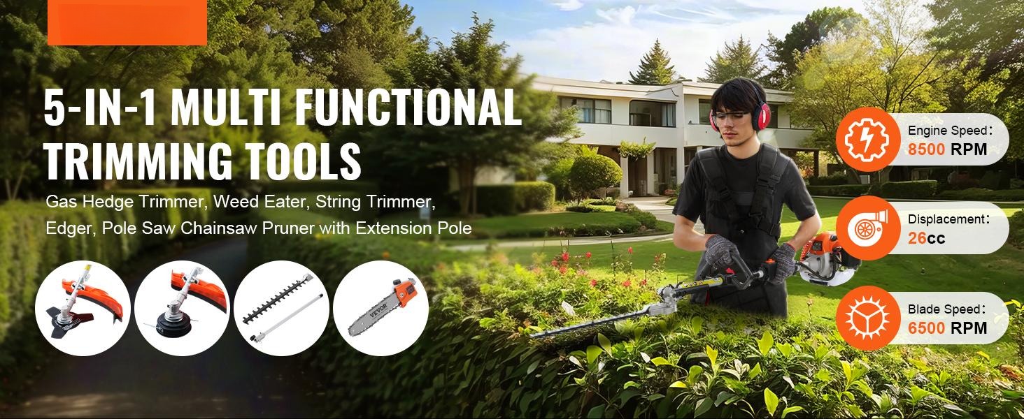 【summerfinds】VEVOR 52CC 6-in-1 Multi-Functional Trimming Tools, Gas Hedge Trimmer, Weed Eater, String Trimmer, Brush Cutter, Edger, Pole Saw Chainsaw Pruner with Extension Pole, Cutting, Grass Trimmer Handle