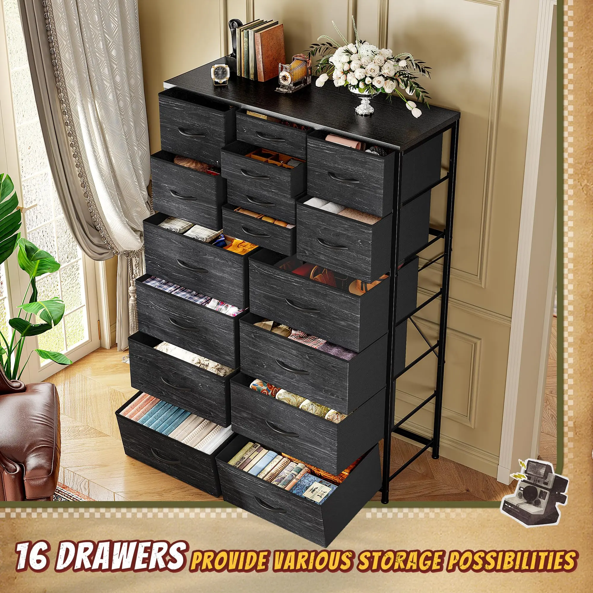 Tall Dresser with 16 Fabric Drawers - Modern Storage