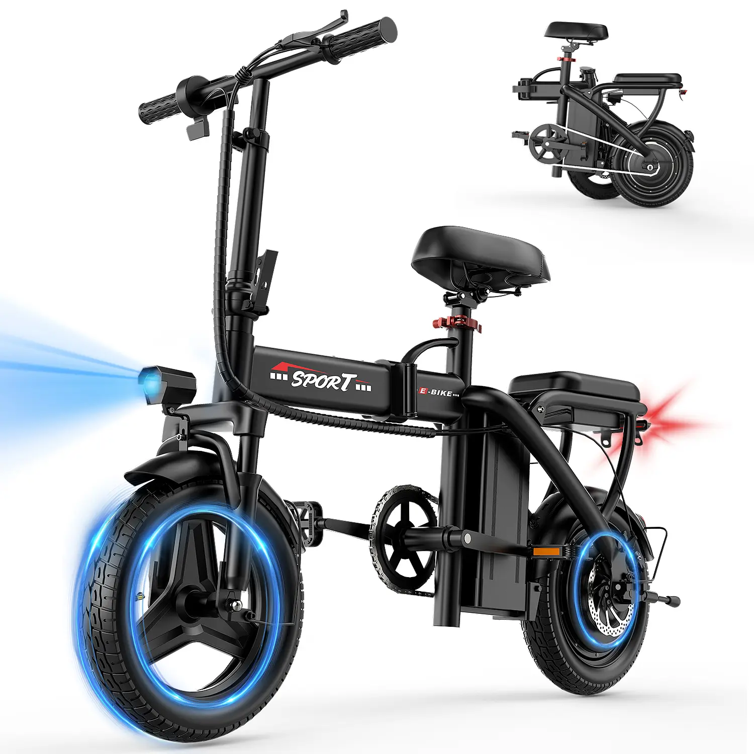 🎁 Rebajas de liquidación 💨 Bicicleta eléctrica plegable, potencia máxima de 1200 W, velocidad máxima de 25 millas/hora, ruedas neumáticas de 14 pulgadas, autonomía de 22 a 40 millas, freno de disco en la rueda trasera, asiento doble