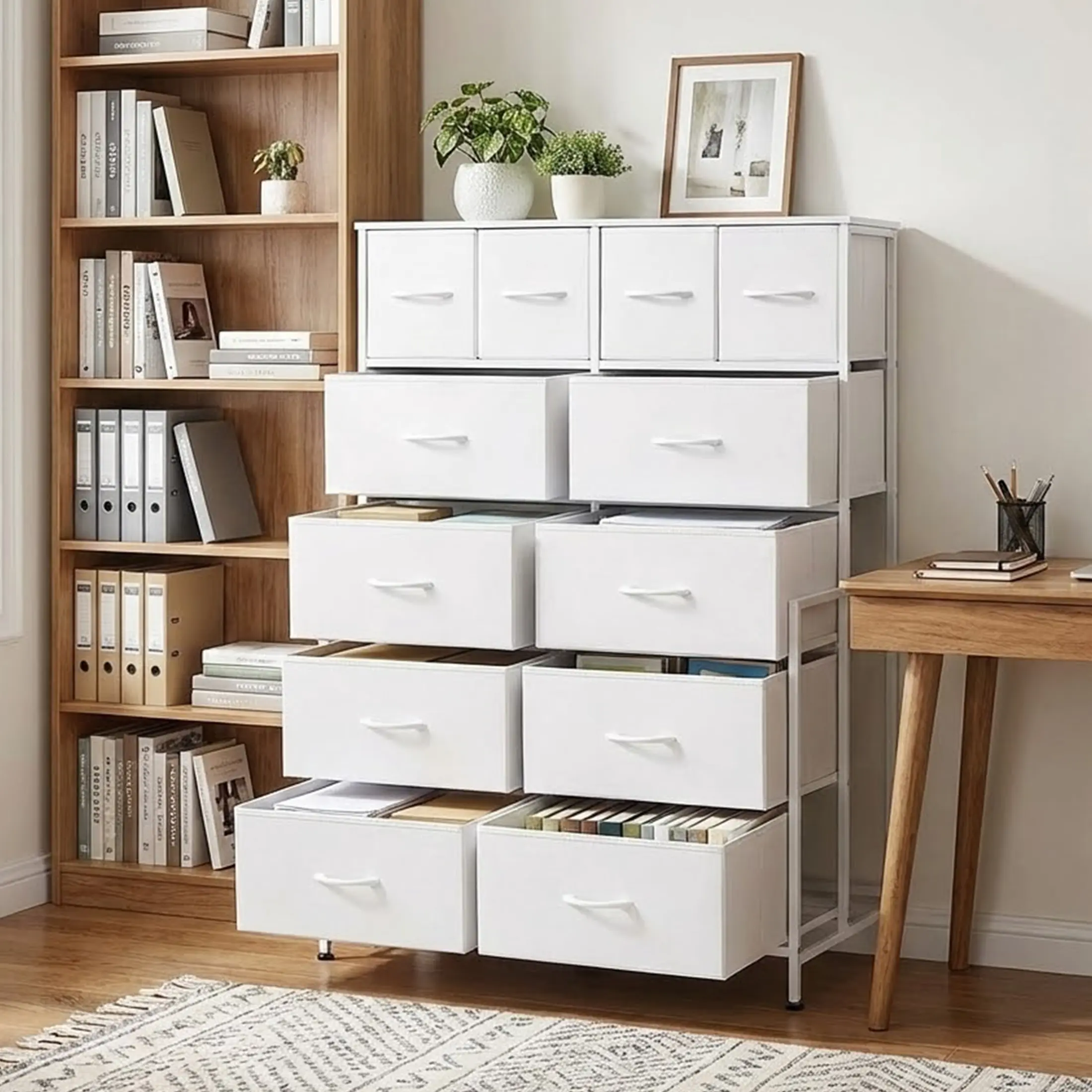 Cómoda alta de 12 cajones con estructura de acero y parte superior de madera