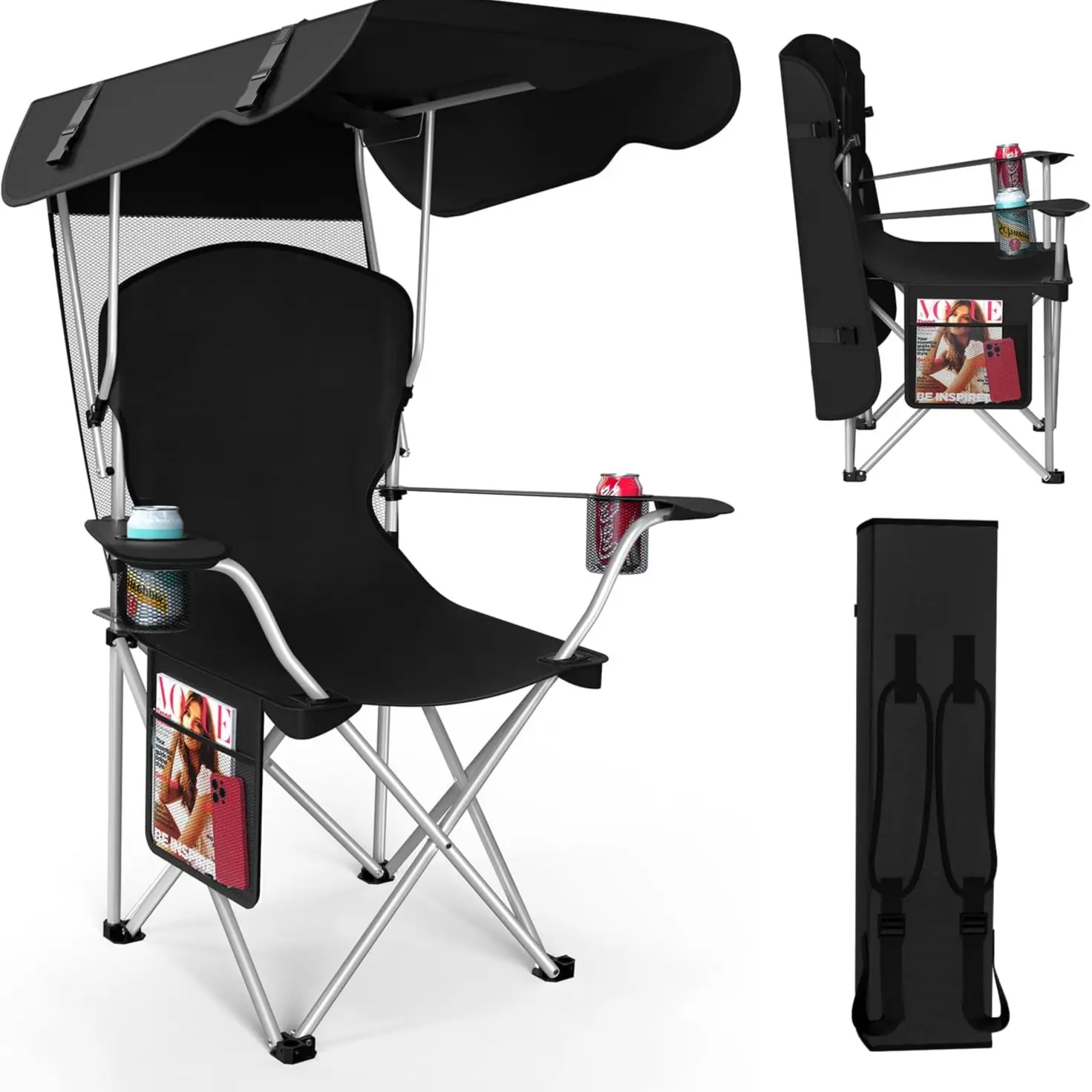 🎁 Oferta por tiempo limitado 💨 Silla de camping espaciosa y recientemente mejorada (con parasol plegable) que incluye portavasos dobles y una bolsa de almacenamiento.
