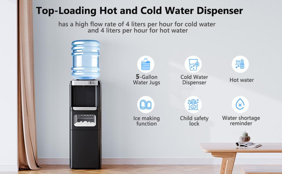 COWSAR Water Dispenser with Ice Maker Function, Top Loading Hot and Cold Water Cooler for 5 Gallon Bottle - Includes Child Safety Lock - Water Machine for Home, Office, Garage - Black COWSAR Water Dispenser with Ice Maker Function, Top Loading Hot and Cold Water Cooler for 5 Gallon Bottle - Includes Child Safety Lock - Water Machine for Home, Office, Garage - Black