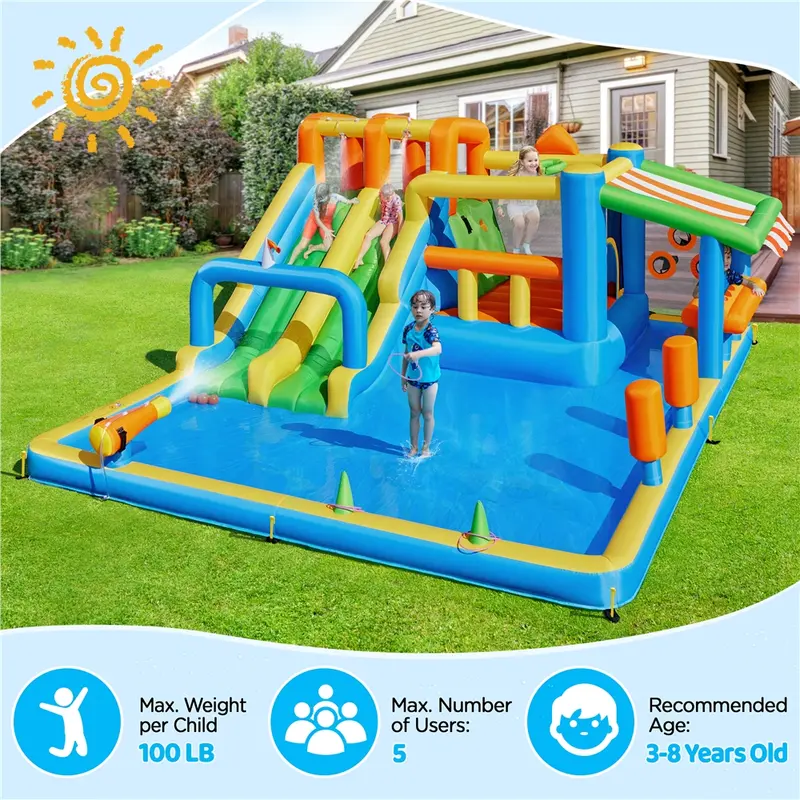 Tobogán acuático inflable con dos toboganes largos, muro de escalada y piscina de chapoteo para niños (de 3 a 10 años)