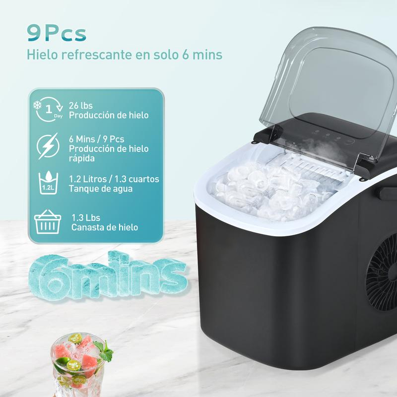 Máquina de Hielo de Encimera con Mango. Produce 11,79 kg de Hielo en 24 Horas y Tiene 9 Cubos de Hielo Listos en 6 Minutos. Posee Función de Autolimpieza y es Portátil, Viene con Canasta y Cucharón, Ideal para Hogar, Cocina, Camping o RV.