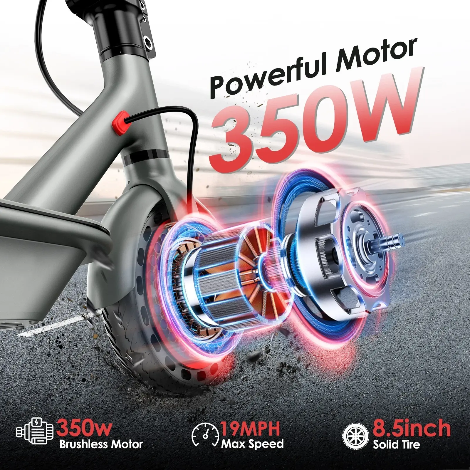 Patinete eléctrico: equipado con un motor de 350 W, velocidad máxima de 30 km/h, autonomía de 24 km, neumáticos macizos de nido de abeja de 21,5 cm, sistema de doble frenado y control mediante aplicación inteligente; diseño de cuadro de aleación multifunc