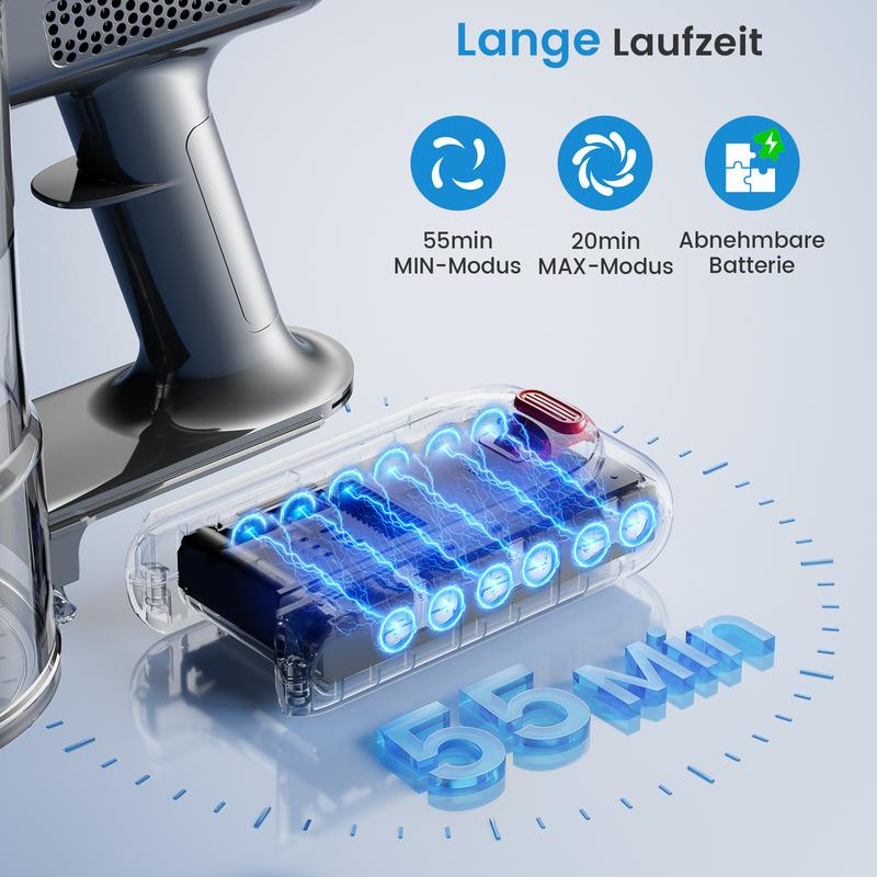 Aspiradora inalámbrica, 250 W de potencia/25 000 Pa de succión, 45 minutos de autonomía, pantalla táctil LED, diseño antienredos, se puede colocar en posición vertical.