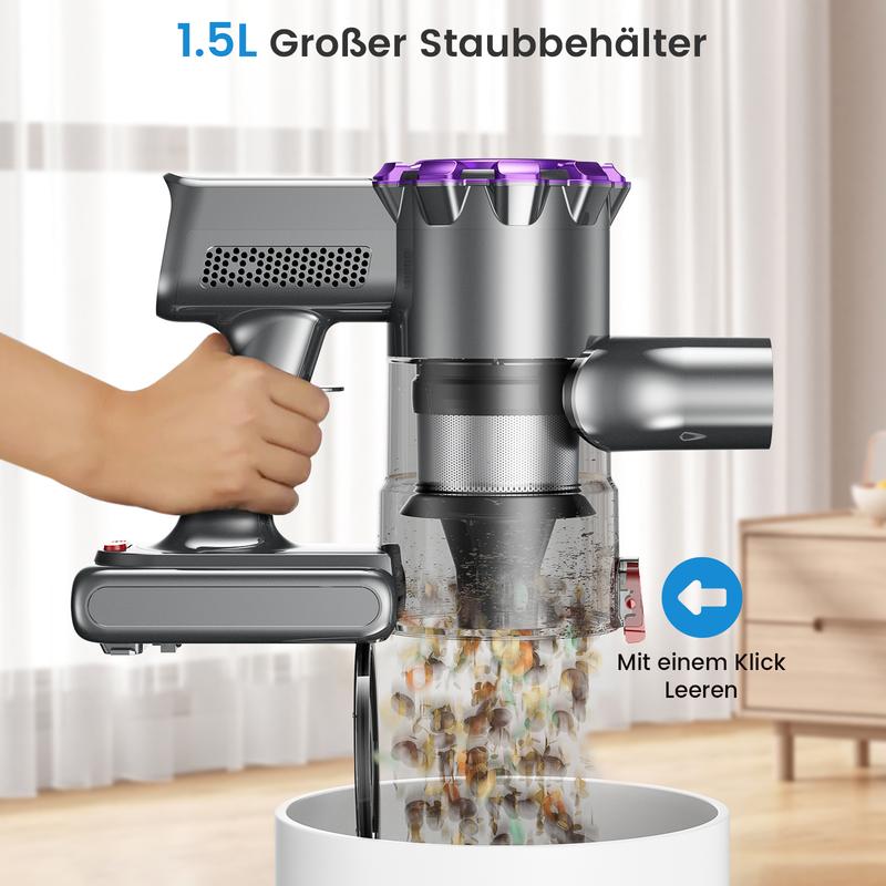 Aspiradora inalámbrica, 250 W de potencia/25 000 Pa de succión, 45 minutos de autonomía, pantalla táctil LED, diseño antienredos, se puede colocar en posición vertical.