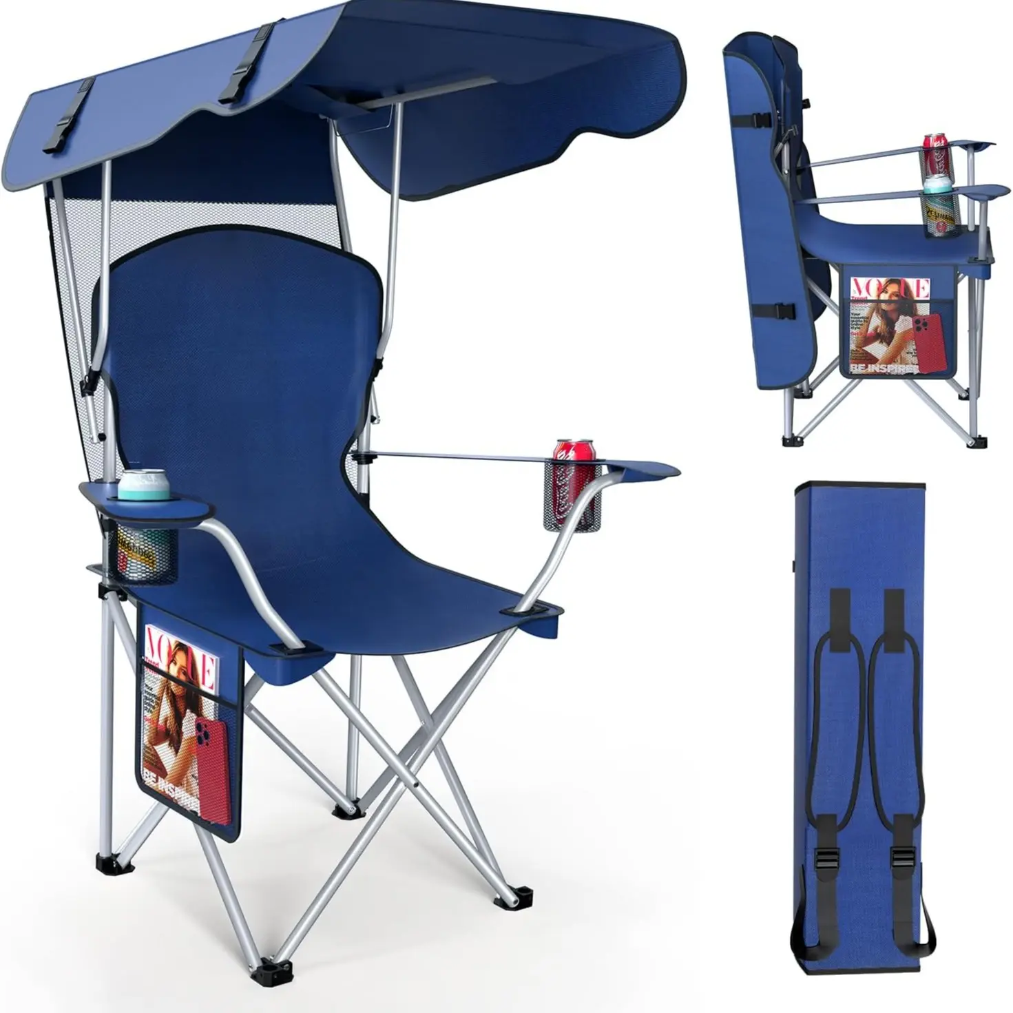 🎁 Oferta por tiempo limitado 💨 Silla de camping espaciosa y recientemente mejorada (con parasol plegable) que incluye portavasos dobles y una bolsa de almacenamiento.