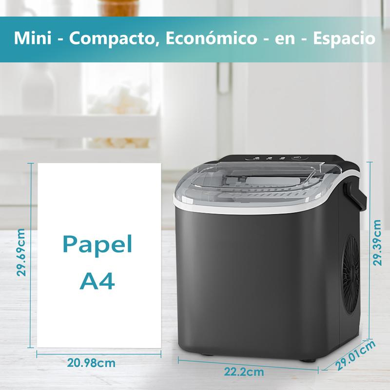 Máquina de Hielo de Encimera con Mango. Produce 11,79 kg de Hielo en 24 Horas y Tiene 9 Cubos de Hielo Listos en 6 Minutos. Posee Función de Autolimpieza y es Portátil, Viene con Canasta y Cucharón, Ideal para Hogar, Cocina, Camping o RV.