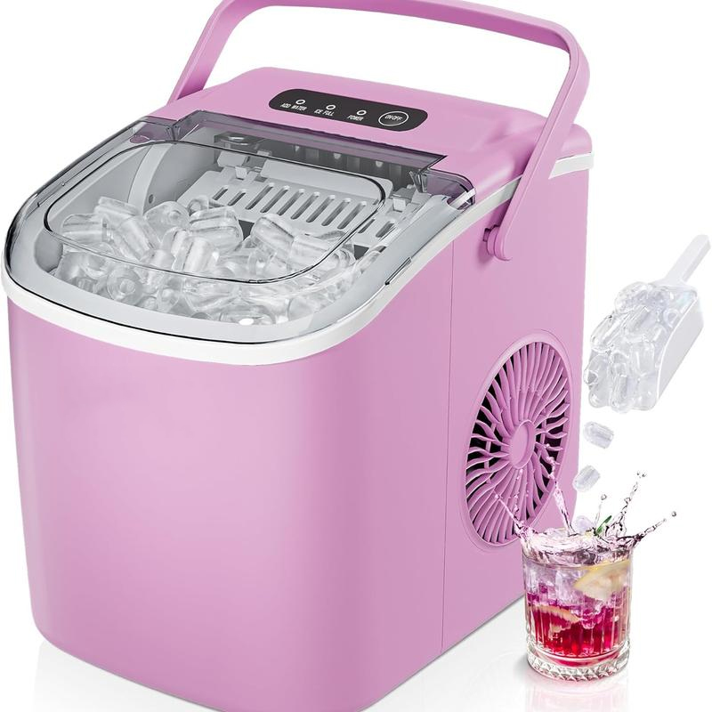 Máquina de Hielo de Encimera con Mango. Produce 11,79 kg de Hielo en 24 Horas y Tiene 9 Cubos de Hielo Listos en 6 Minutos. Posee Función de Autolimpieza y es Portátil, Viene con Canasta y Cucharón, Ideal para Hogar, Cocina, Camping o RV.