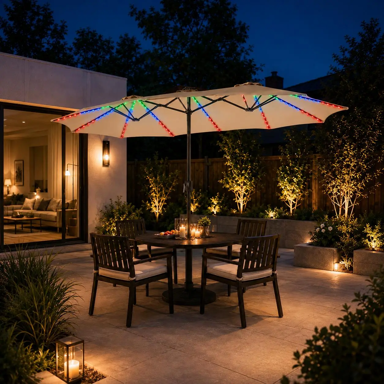 Sombrilla de jardín LED solar de 13 pies con luces de colores de 12 modos
