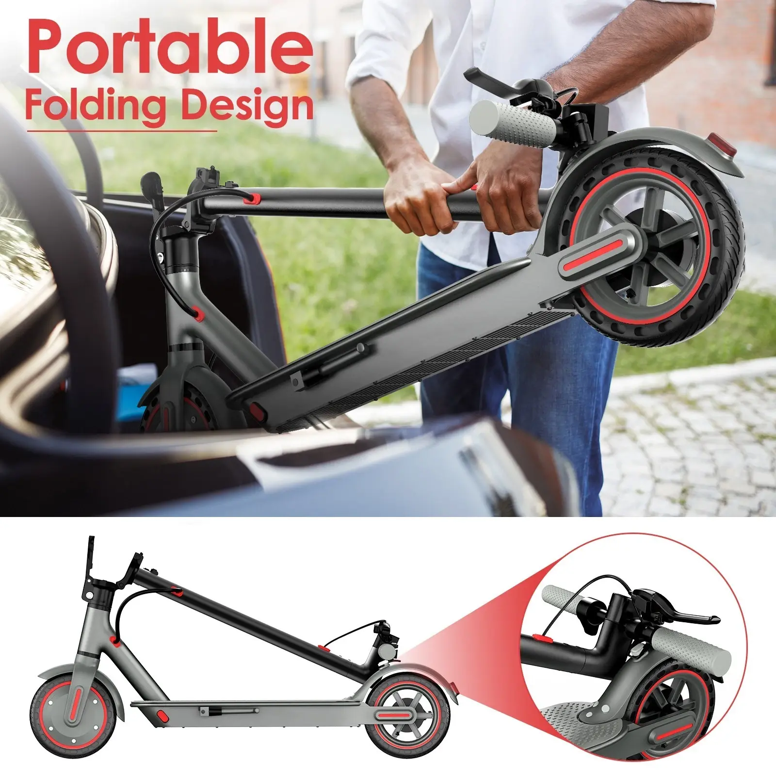 Patinete eléctrico: equipado con un motor de 350 W, velocidad máxima de 30 km/h, autonomía de 24 km, neumáticos macizos de nido de abeja de 21,5 cm, sistema de doble frenado y control mediante aplicación inteligente; diseño de cuadro de aleación multifunc